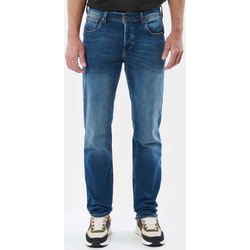 blue straight-leg high rise jeans