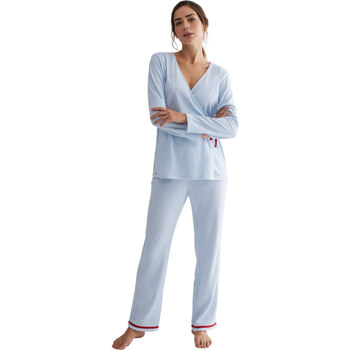 Vêtements Femme Pyjamas / Chemises de nuit Selmark Pyjama pantalon haut cache-coeur manches longues Rayas Bleu