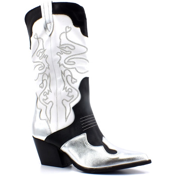 Chaussures Femme Bottines Divine Follie Texano Donna Silver Bianco Nero DF2324 Blanc