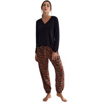 Vêtements Femme Pyjamas / Chemises de nuit Selmark Pyjama pantalon haut manches longues Flores Noir