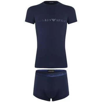 Vêtements Homme Pyjamas / Chemises de nuit Emporio Armani herringbone-print dressni Ensemble Tee Shirt et Boxer Bleu