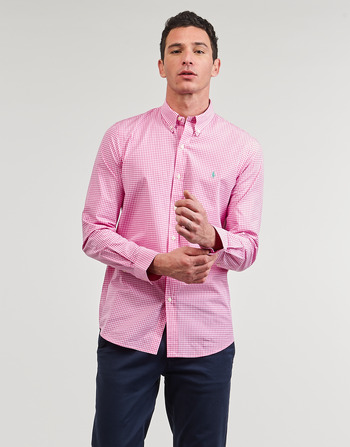 Vêtements Homme Chemises manches longues Polo Ralph Lauren CHEMISE AJUSTEE SLIM FIT EN POPELINE RAYE Rose / Blanc - Resort Rose