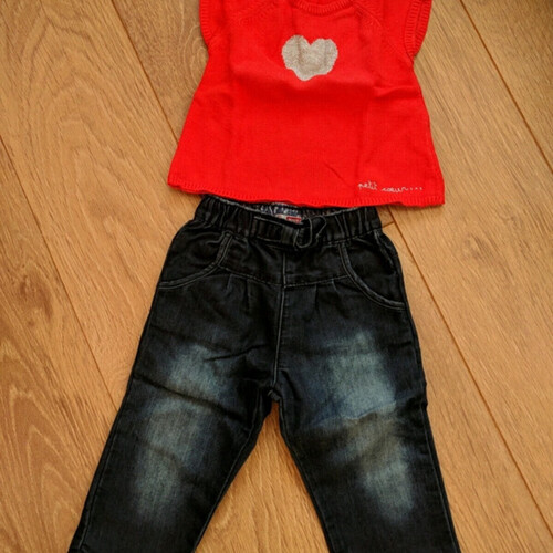 Vêtements Fille Ensembles enfant Vêtements homme à moins de 70 femme Ensemble jeans + pull sans manches rouge DPAM - 18 mois Rouge