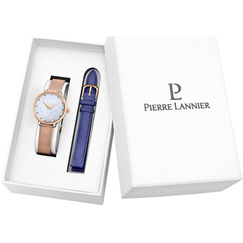 Montres & Bijoux Femme Montre Pierre Lannier Coffret  RCS Cadran Blanc Bracelet Cuir Bleu Blanc