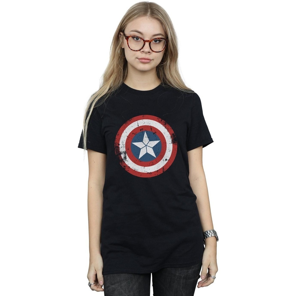Vêtements Femme T-shirts manches longues Marvel Captain America Civil War Distressed Shield Noir
