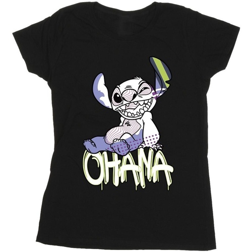 Vêtements Femme T-shirts manches longues Disney Lilo And Stitch Ohana Graffiti Noir