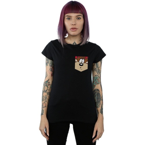 Vêtements Femme T-shirts manches longues Dessins Animés Tasmanian Devil Face Faux Pocket Noir