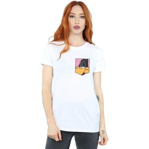 Vêtements Femme T-shirts manches longues Dessins Animés Daffy Duck Face Faux Pocket Blanc