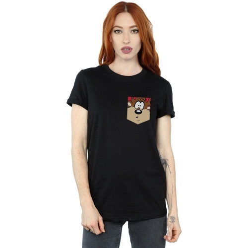 Vêtements Femme T-shirts manches longues Dessins Animés Tasmanian Devil Face Faux Pocket Noir