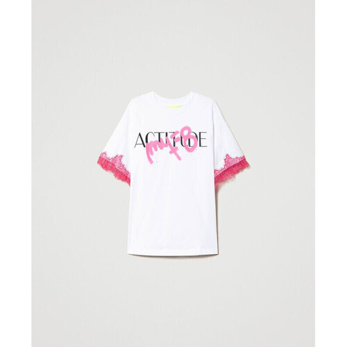 Vêtements Femme Top In Maglia Adherente Art Twin Set T-SHIRT MYFO CON STAMPA LOGO E PIZZO Art. 231AQ2014 