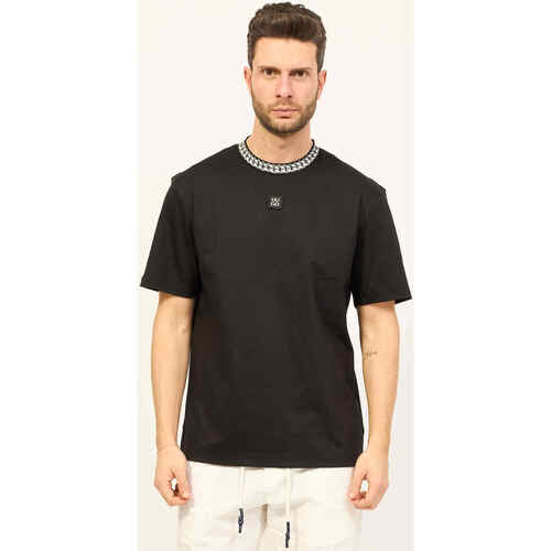 Vêtements Homme T-shirts & Polos BOSS T-shirt  noir en coton tissé avec col imprimé Noir