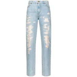 Eroded distressed denim jeans