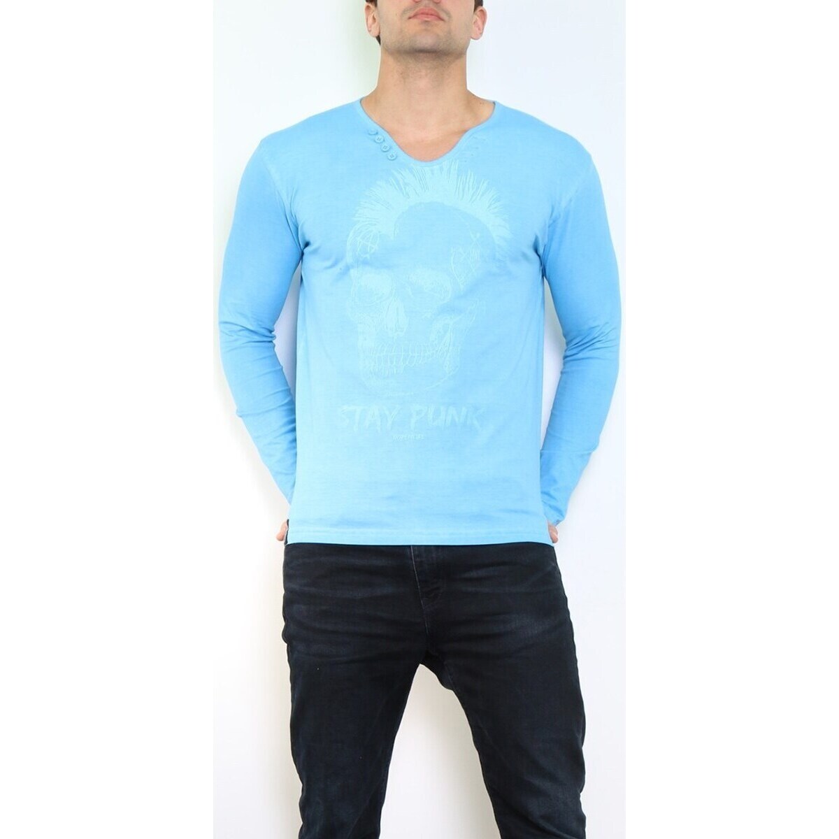 Vêtements Homme T-shirts & Polos Hopenlife T-shirt col V manches longues KORRA bleu turquoise