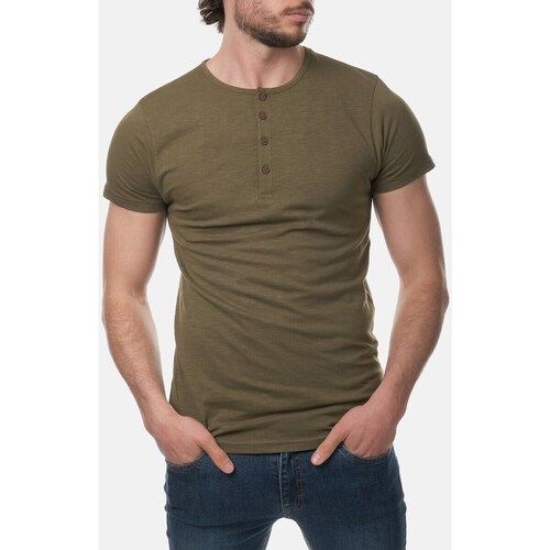 Vêtements Homme T-shirts & Polos Hopenlife T-shirt coton manches courtes col tunisien ELAM vert kaki