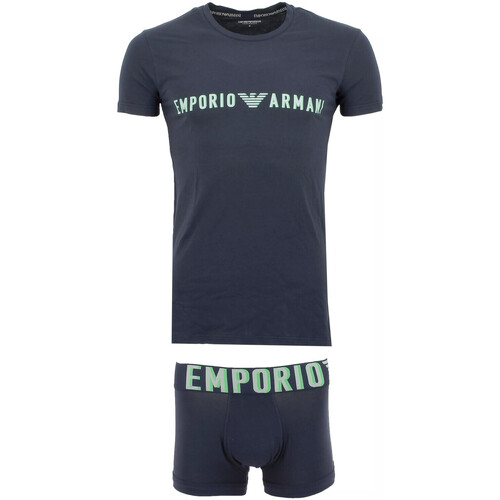 Vêtements Homme Pyjamas / Chemises de nuit Emporio Armani micro-check patterned curved hem shirtni Ensemble Tee Shirt et Boxer Bleu
