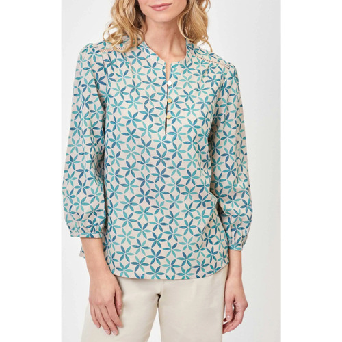 Vêtements Femme Tops / Blouses Sweatshirt com capuz Pro azul marinho Blouse imprimée voile de coton bio col tunisien RENATA Beige