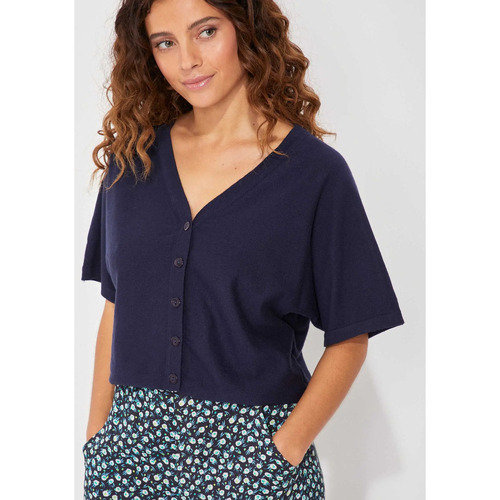 Vêtements Femme Gilets / Cardigans T-shirt Coton Bio Imprimé Gilet manches courtes maille MELIO Bleu