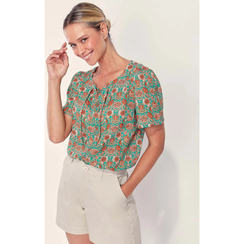 Vêtements Femme T-shirts manches courtes Flora And Co Top col tunisien lacé coton bio TOUMAS Bleu