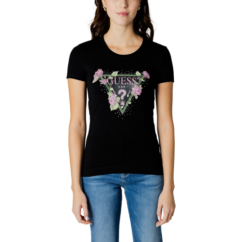 Vêtements Femme T-shirts Rose manches courtes Guess SS RN FLORAL TRIANGLE W4RI28 J1314 Noir