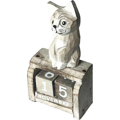 Maison & Déco Statuettes et figurines Tdk Import Calendrier perpétuel en bois chat beige Beige