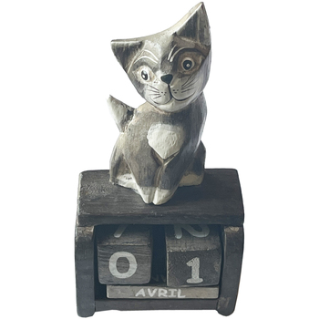 Maison & Déco Statuettes et figurines Tdk Import Calendrier perpétuel en bois chat gris 15 cm Gris