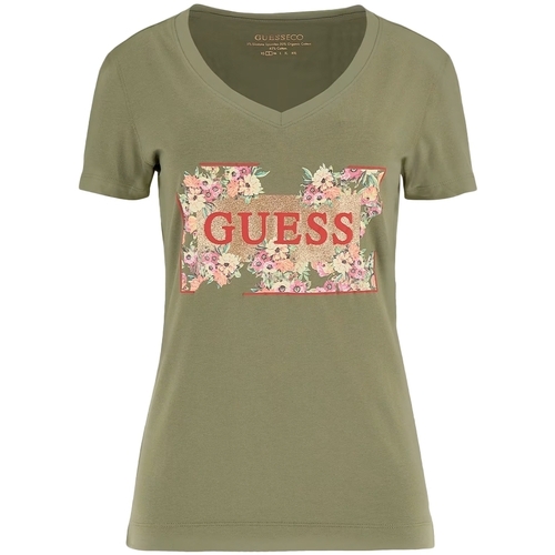 Vêtements Femme T-shirts manches courtes Guess Fleurs Kaki