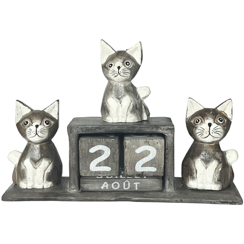 Maison & Déco Statuettes et figurines Tdk Import Calendrier perpétuel en bois chats gris 24 cm Gris