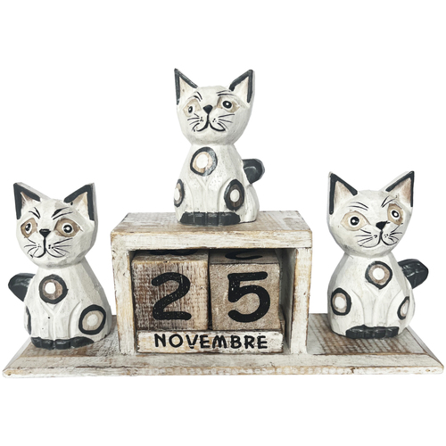 Maison & Déco Statuettes et figurines Tdk Import Calendrier perpétuel en bois chats blancs Blanc