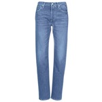 Slim straight leg jeans with a medium indigo wash and raw hem