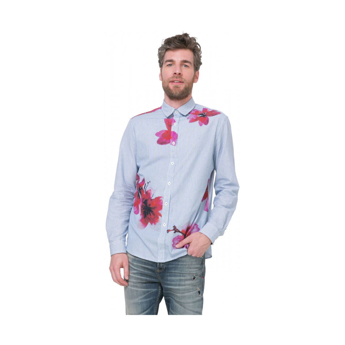 Vêtements Homme Chemises manches longues Desigual Chemise Homme Nando Rayures Bleues et Fleurs Bleu